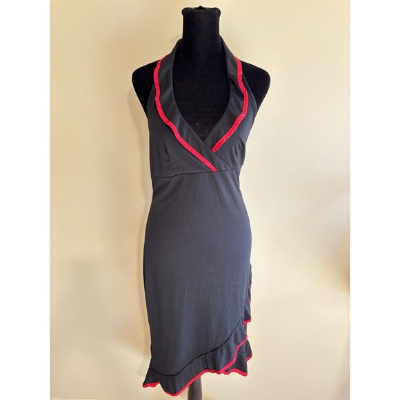 RUBY ROX Vntg Y2K Black Red Ruffle Flamenco Asymmetrical Hem Halter Dress Jr L - Picture 1 of 7